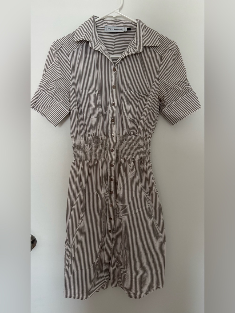 Simons Striped Button-Front Midi Dress - Taupe & White - Size Medium